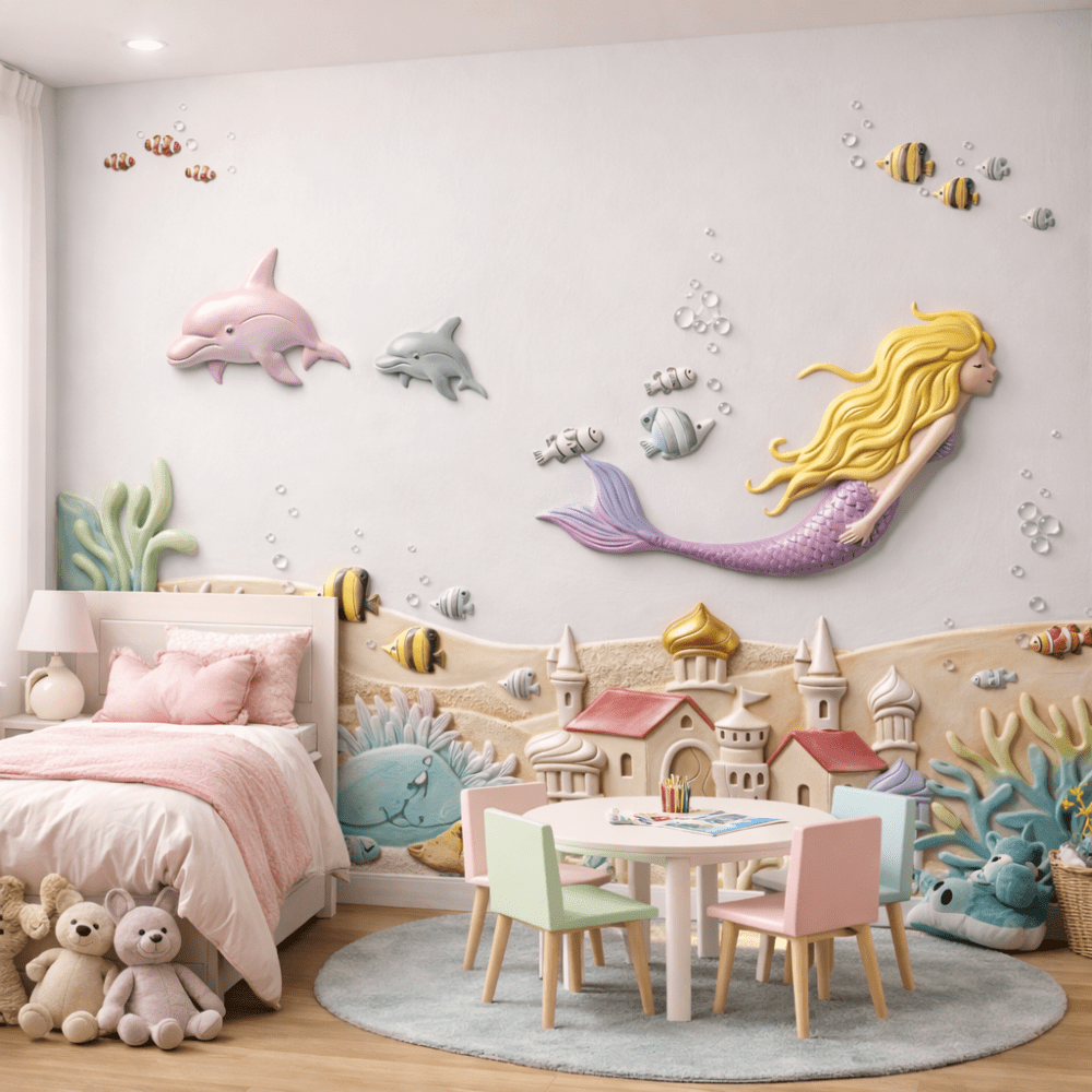 Deniz Kızı ve Su Altı Dünyası 5D Kabartma Görünümlü duvar kağıdı