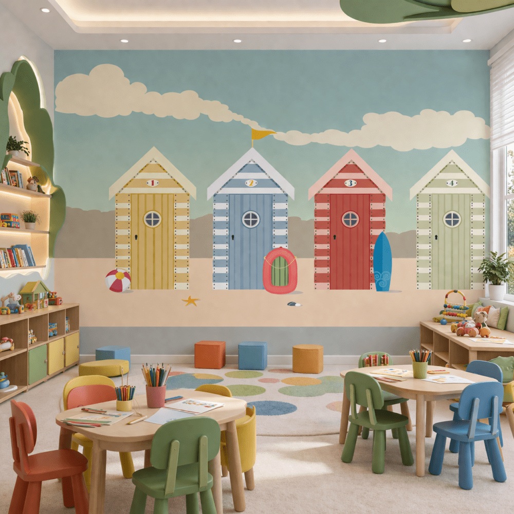 Renkli Sahil Kulübeleri Anaokulu Duvar Kağıdı