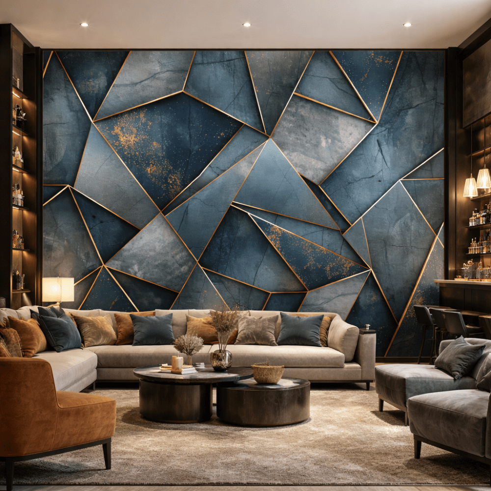 Altın Çizgili Geometrik Mavi Mermer Duvar Kağıdı