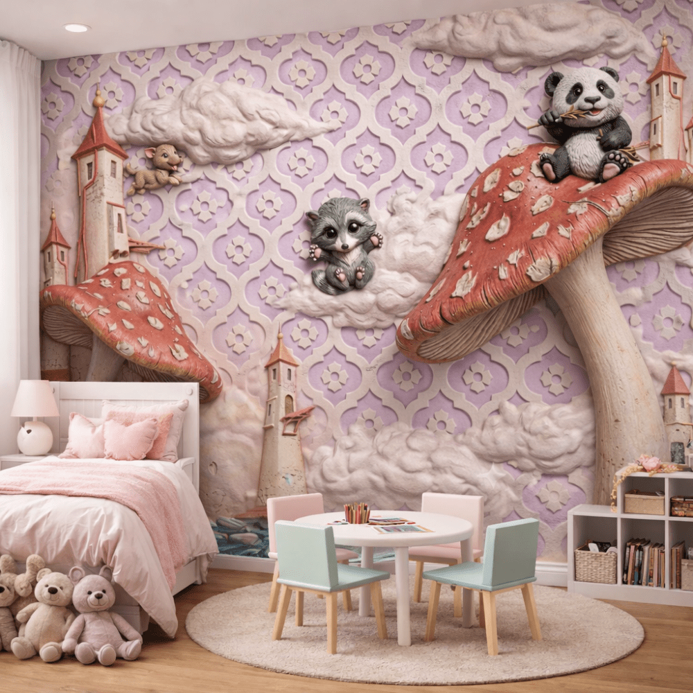 Masalsı Mantar Evler ve Sevimli Hayvanlar 5D Kabartma Görünümlü duvar kağıdı