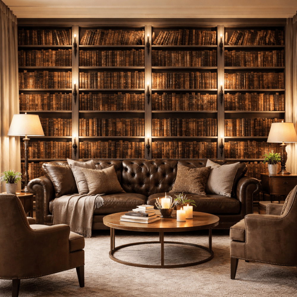 Vintage Kütüphane Kitaplık Desenli Duvar Kağıdı