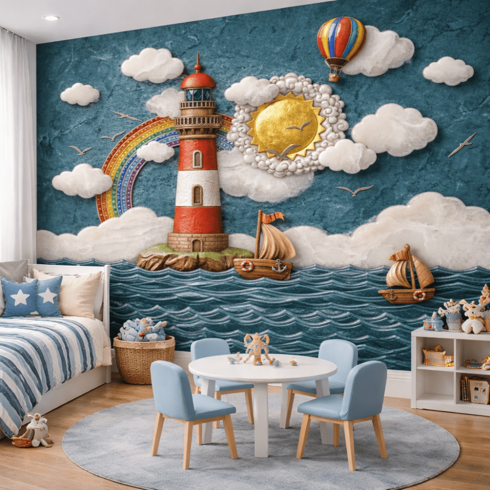 Deniz Feneri Gökkuşağı ve Yelkenli 5D Kabartma Görünümlü duvar kağıdı