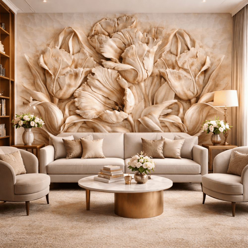 Krem Kabartma Lale Desenli Duvar Kağıdı