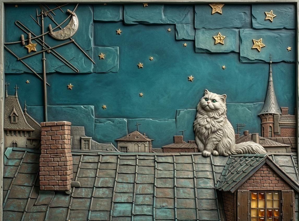 Gece Şehri Çatısında Kedi 5D Kabartma Görünümlü duvar kağıdı - Görsel 2