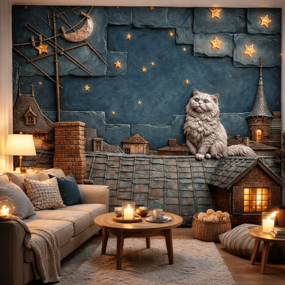 Gece Şehri Çatısında Kedi 5D Kabartma Görünümlü duvar kağıdı