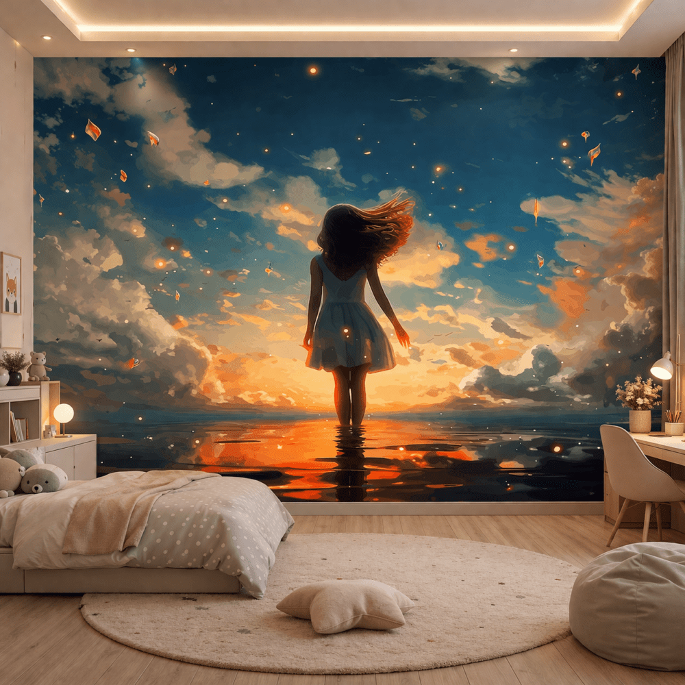 Hayalperest Kız Gün Batımı Manzara Duvar Kağıdı