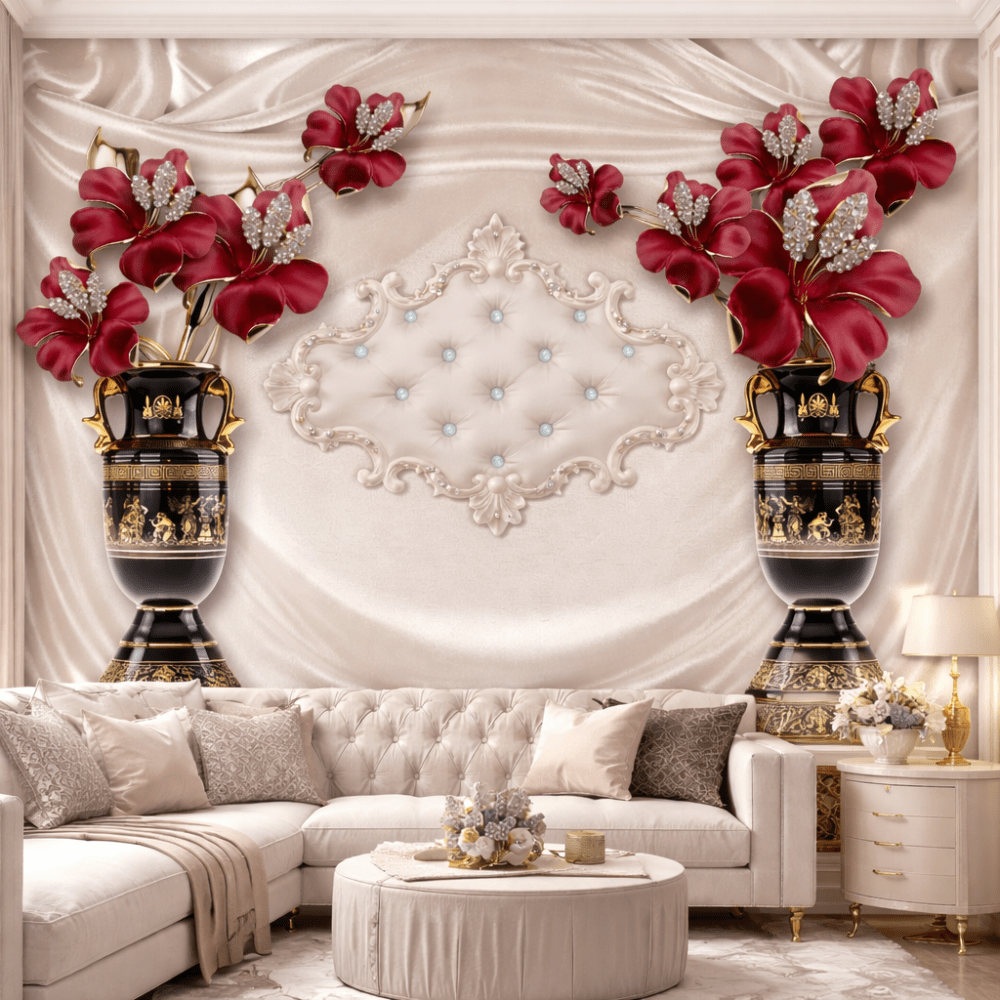 Kırmızı Çiçekli Altın Vazolu Lüks Duvar Kağıdı