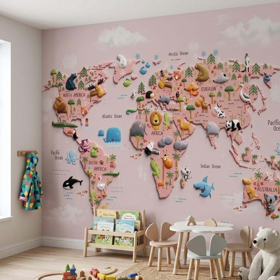 5D Kabartma Görüntülü Eğitici Hayvanlar Alemi Dünya Haritası Çocuk Duvar Kağıdı