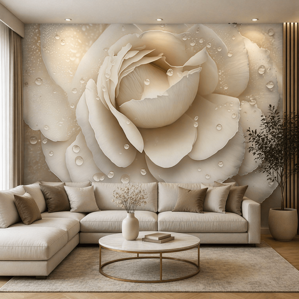 Krem Damla Efektli Beyaz Gül Duvar Kağıdı