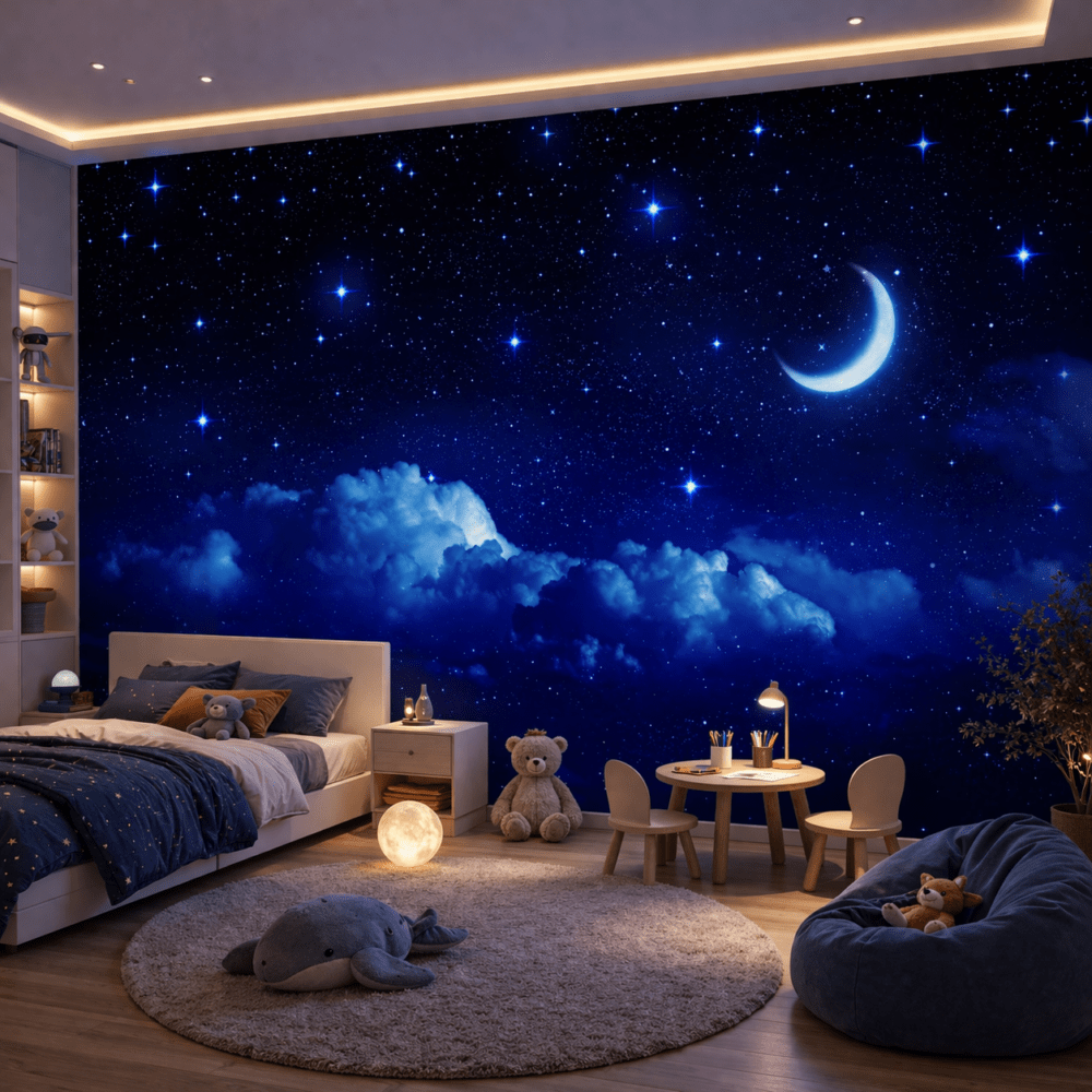 Yıldızlı Gece Ay ve Bulutlar Duvar Kağıdı