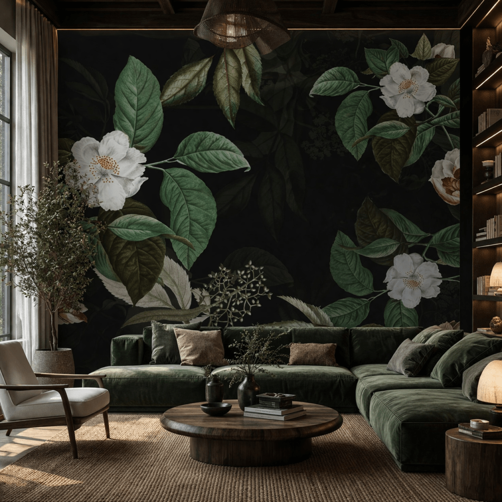 Karanlık Zemin Beyaz Çiçek Desenli Duvar Kağıdı