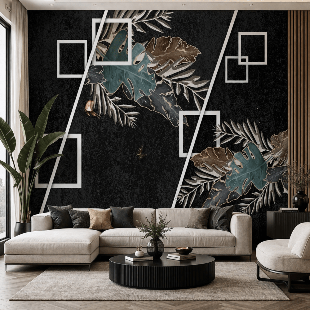 Geometrik Tropikal Yaprak Desenli Duvar Kağıdı