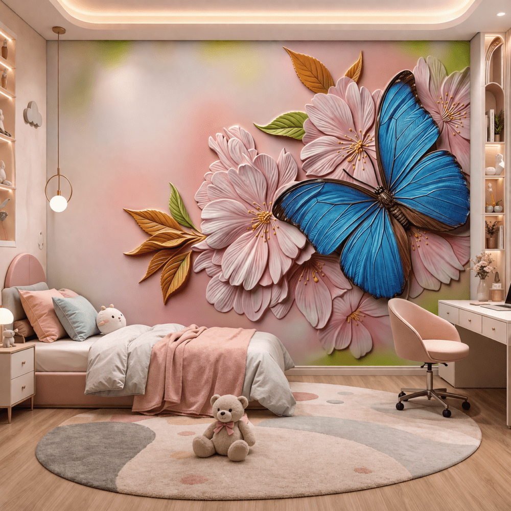 Mavi Kelebek Çiçekler 5D Kabartma Görünümlü Duvar Kağıdı