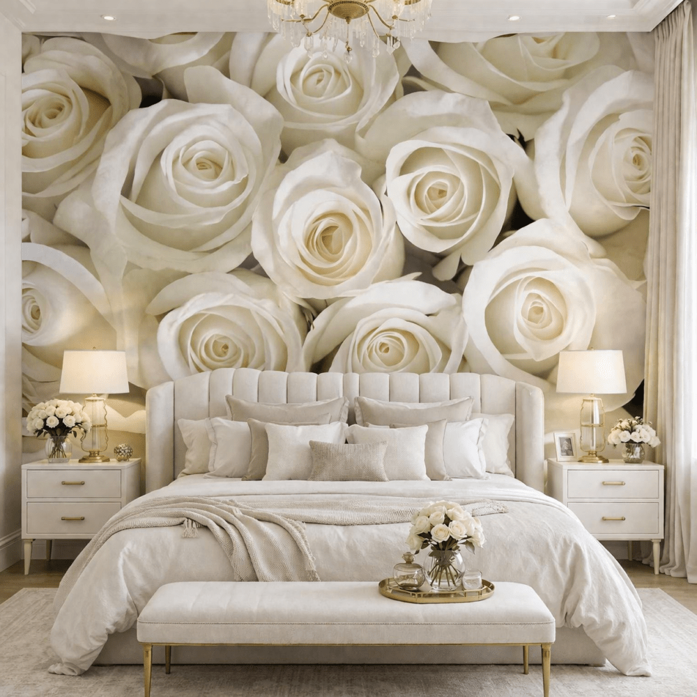 Beyaz Gül Desenli Lüks Çiçekli Duvar Kağıdı