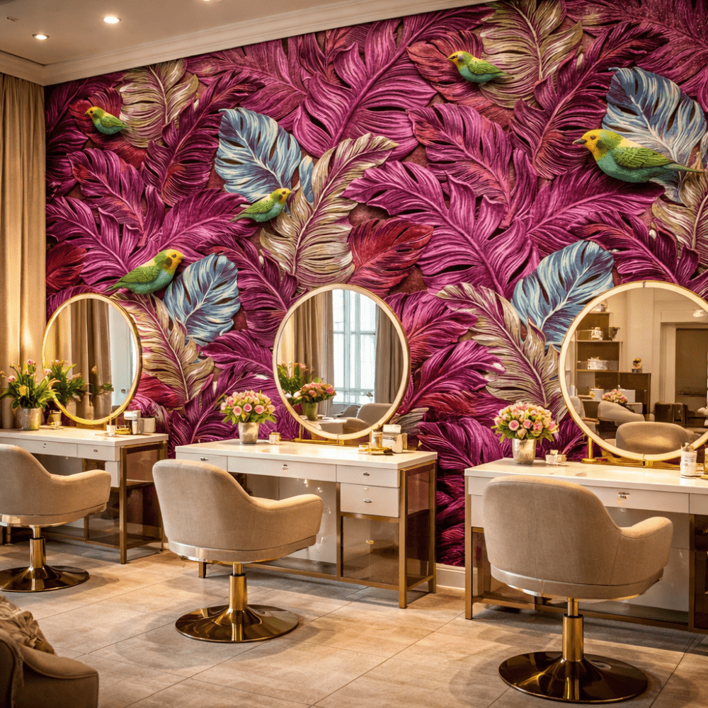 Tropikal Yapraklar ve Papağanlar 5D Kabartma Görünümlü duvar kağıdı