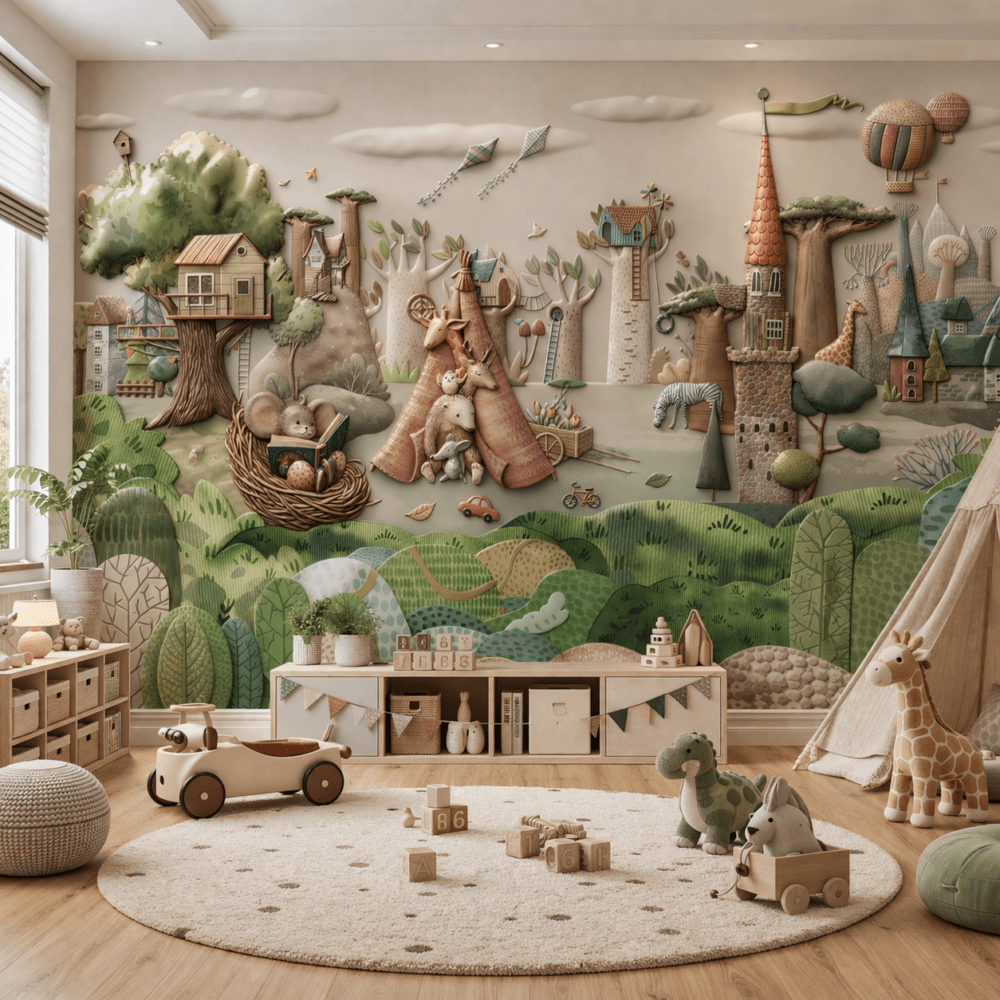 5D Kabartma Görünümlü Masalsı Orman ve Şato Duvar Kağıdı