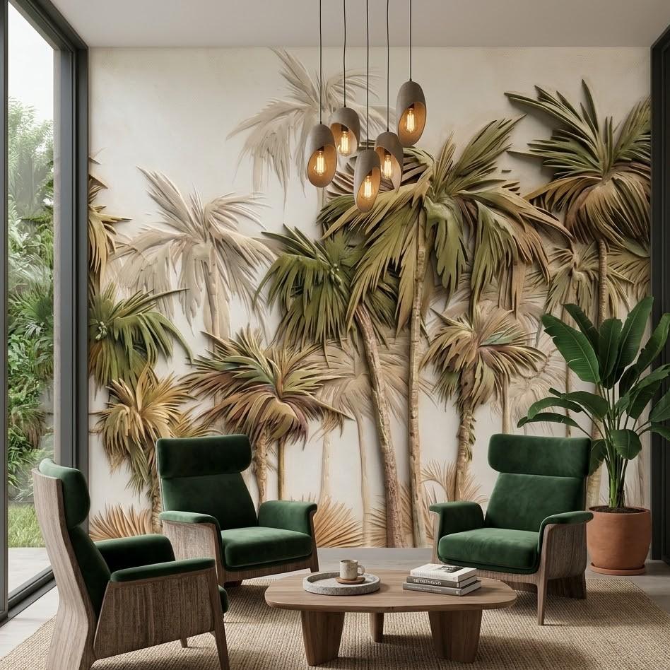 5D Kabartma Görünümlü Tropikal Palmiye Ormanı Duvar Kağıdı