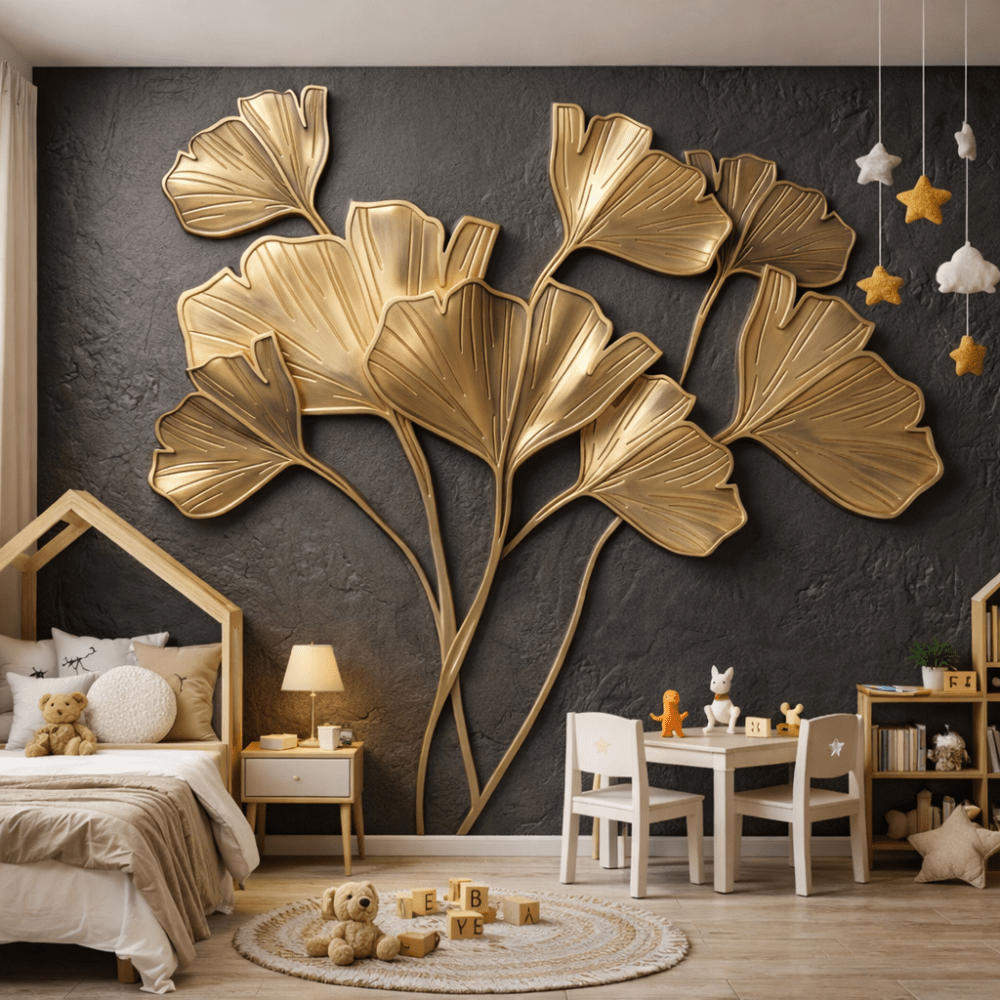 Altın Ginkgo Yaprakları 5D Kabartmalı Duvar Kağıdı