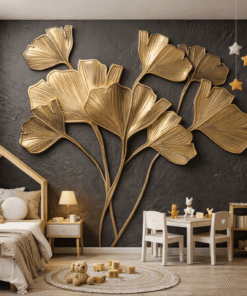 AltÄ±n Ginkgo YapraklarÄ± 5D KabartmalÄ± Duvar KaÄÄ±dÄ±