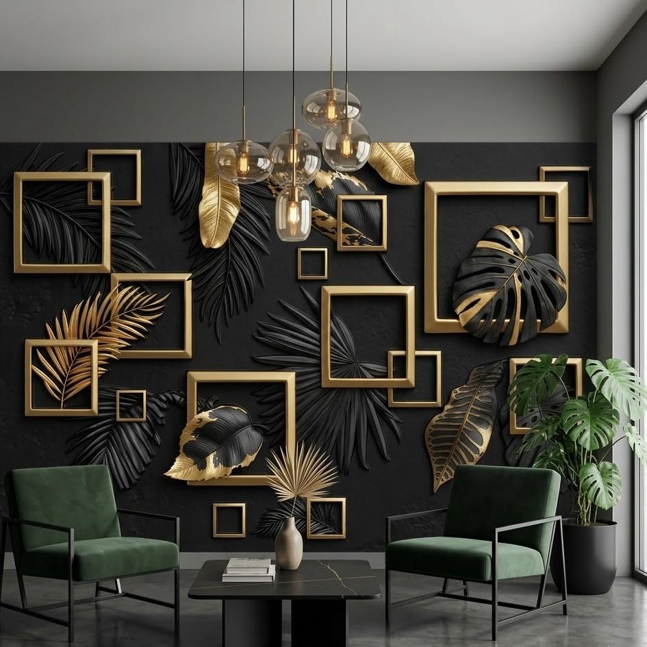 5D Kabartma Görünümlü Siyah ve Altın Yapraklı Duvar Kağıdı