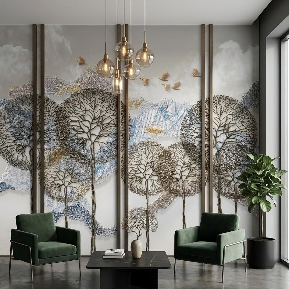 Sofistike Filigran Ağaç ve Dağ Manzaralı Duvar Kağıdı