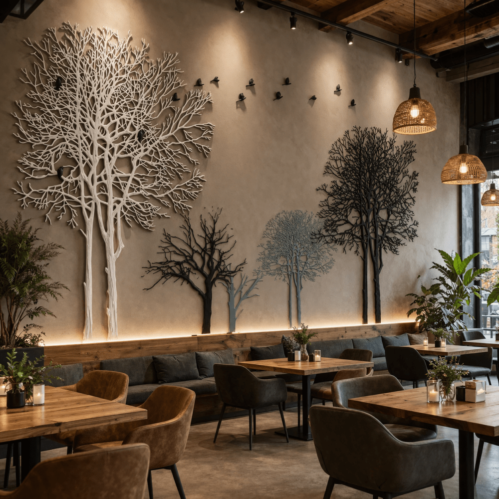 5D Kabartma Görünümlü Soyut Ağaçlar ve Kuşlar Duvar Kağıdı