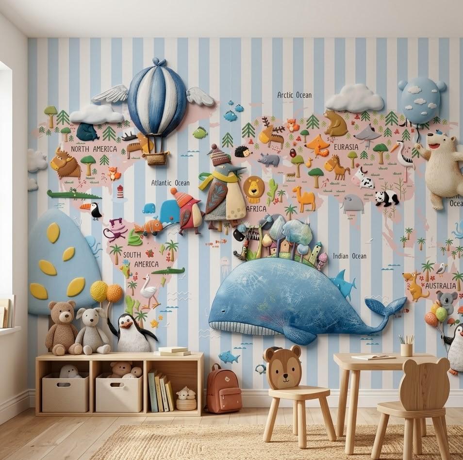 5D Kabartma Görünümlü Neşeli Dünyam Çocuk Odası Duvar Kağıdı