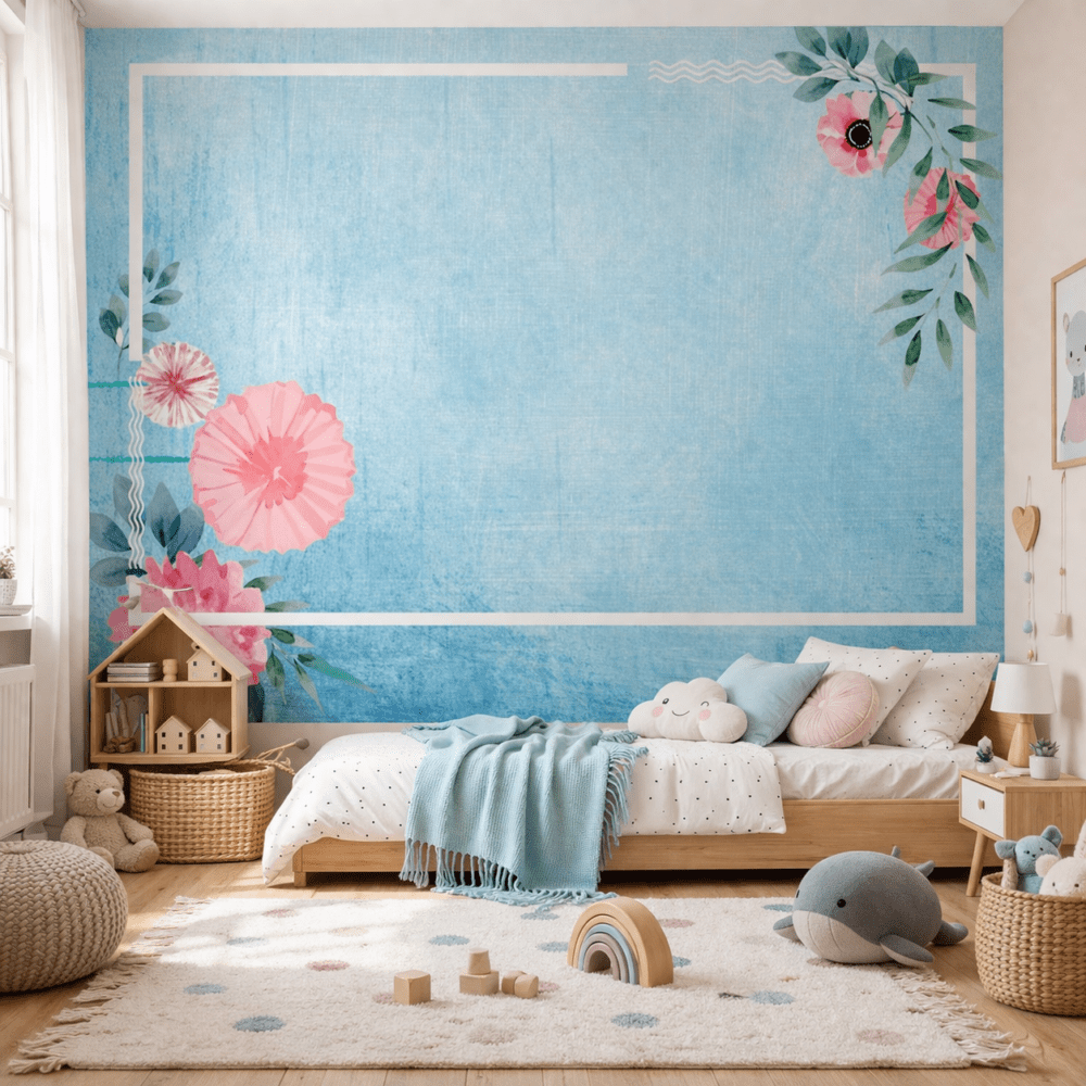 Pastel Çiçek Çerçeveli Mavi Duvar Kağıdı