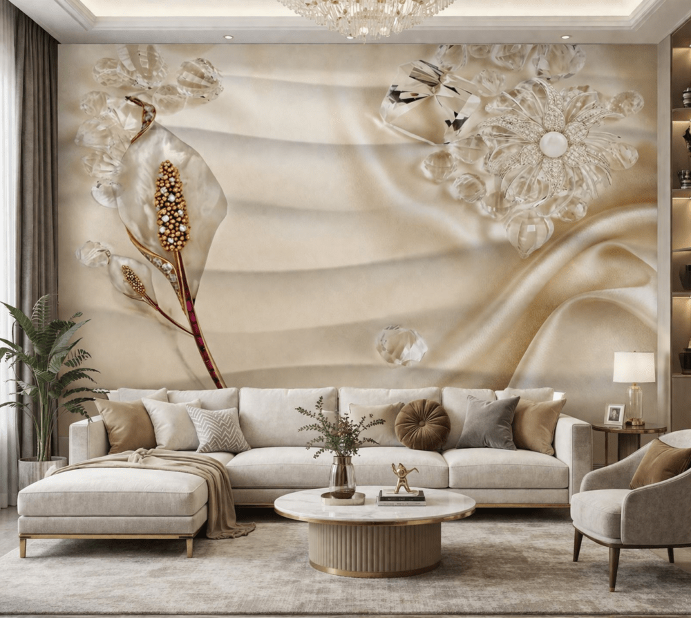 Altın Kristal Çiçek Desenli Lüks Duvar Kağıdı