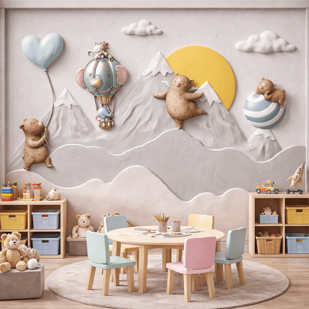Sevimli Ayıcık Dağ Macerası 5D Kabartmalı Duvar Kağıdı
