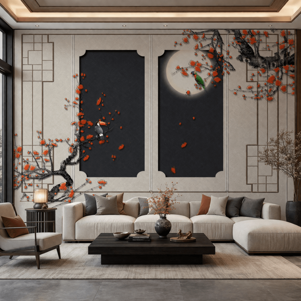 Kırmızı Çiçekli Kuşlar Uzakdoğu Stil Duvar Kağıdı