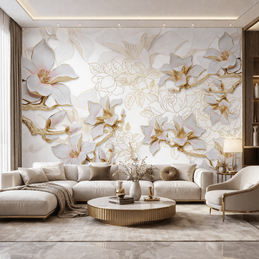 Altın Detaylı Beyaz Çiçekler 5D Kabartma Görünümlü Duvar Kağıdı