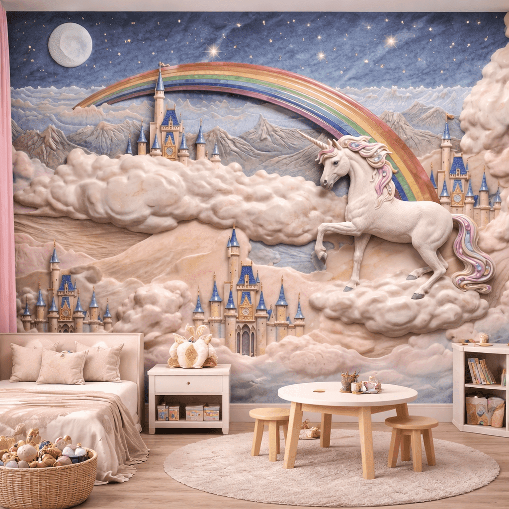 Unicorn Şato ve Gökkuşağı 5D Kabartmalı Duvar Kağıdı