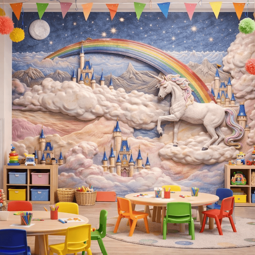 Unicorn Şato ve Gökkuşağı 5D Kabartmalı Duvar Kağıdı - Görsel 3