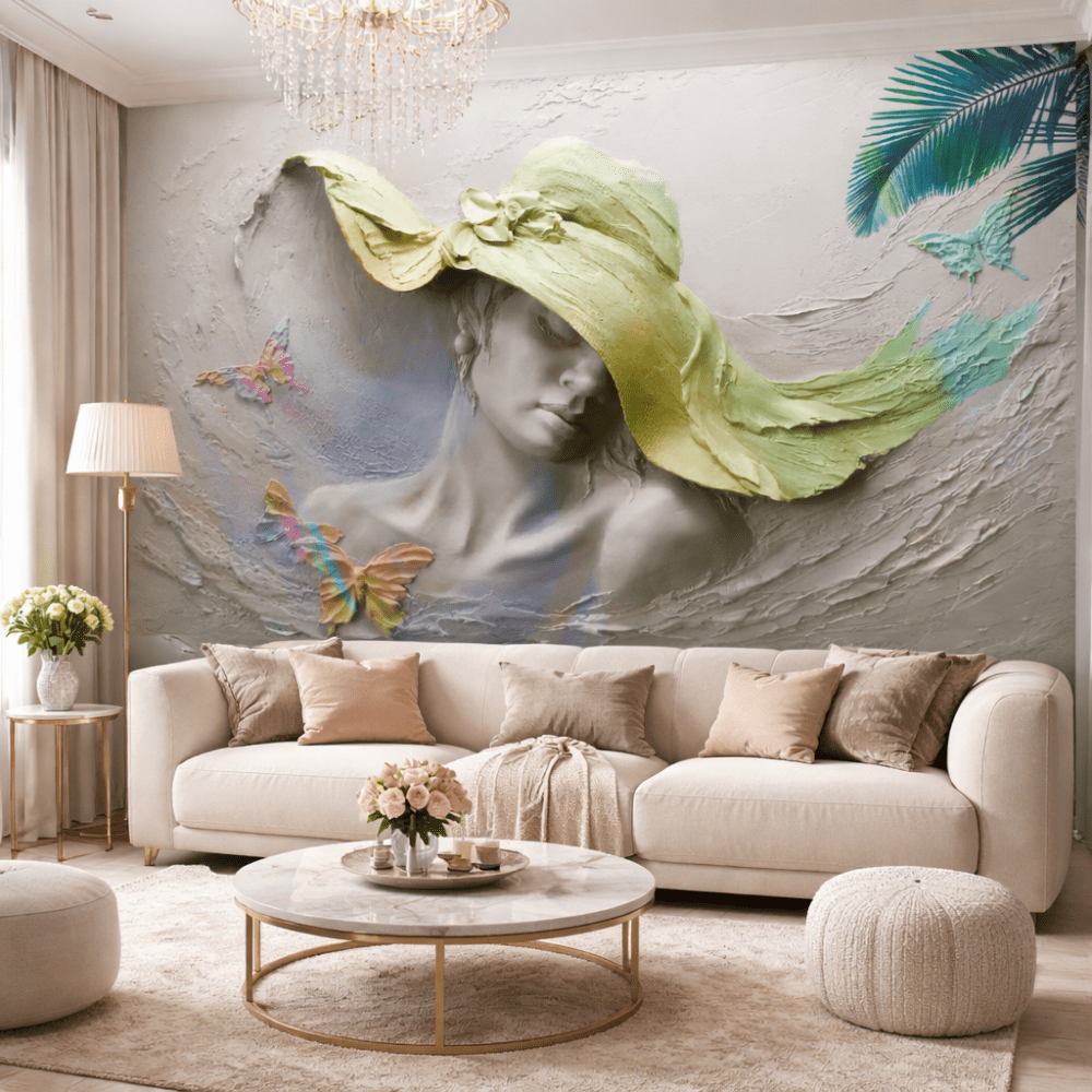 Zarif Şapkalı Kadın ve Kelebekler 5D Kabartma Görünümlü Duvar Kağıdı