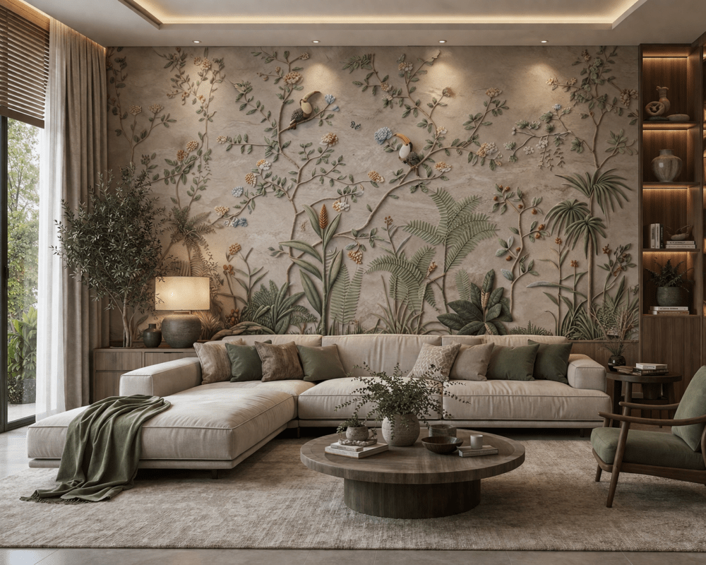 5D Kabartma Görünümlü Tropikal Kuş ve Çiçek Desenli Duvar Kağıdı