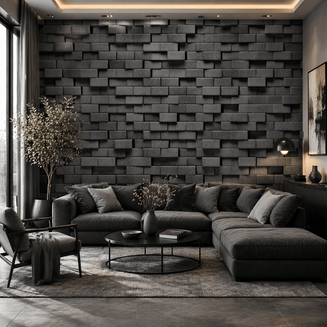 Antrasit 3D Tuğla Desenli Duvar Kağıdı