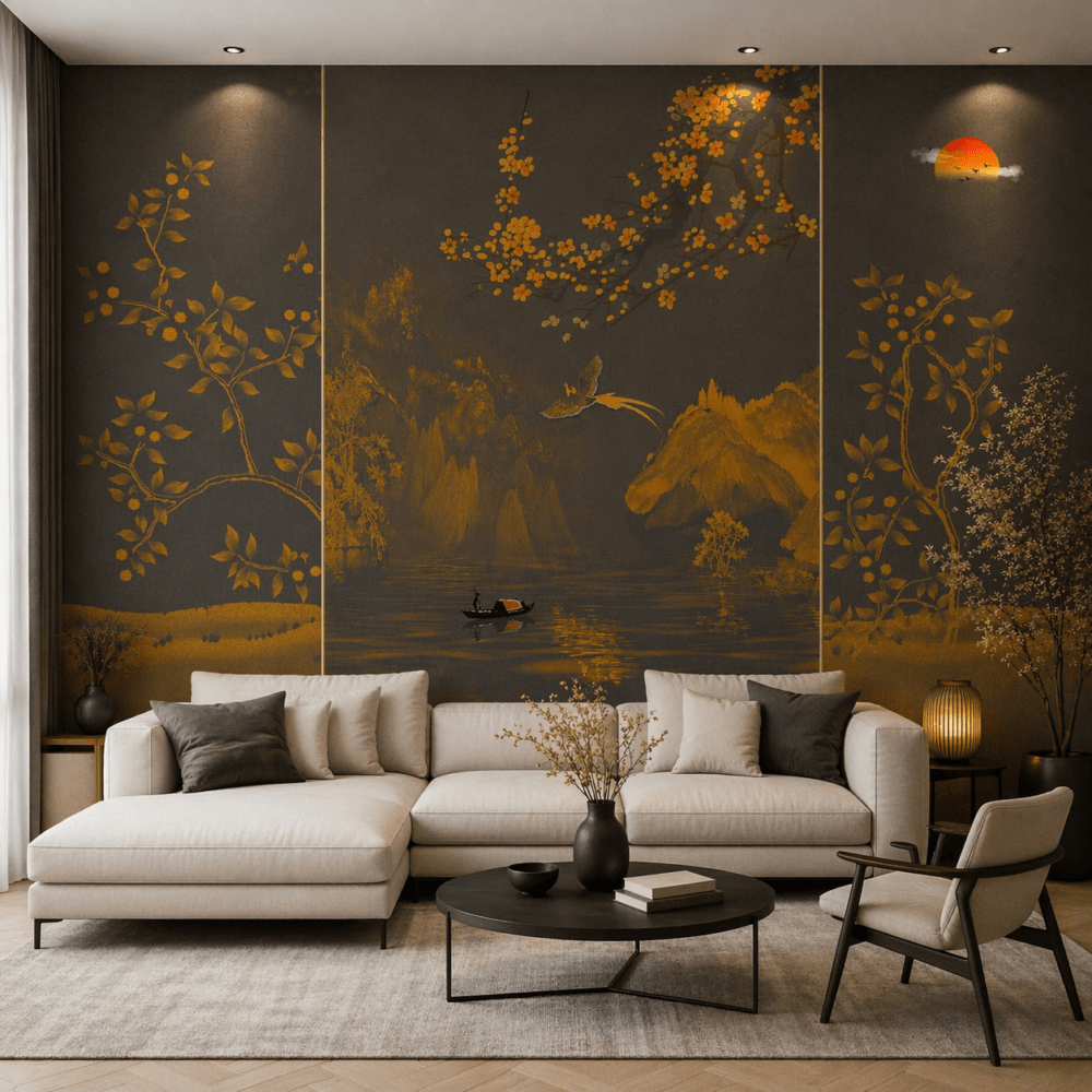 Altın Detaylı Uzak Doğu Manzara Desenli Duvar Kağıdı
