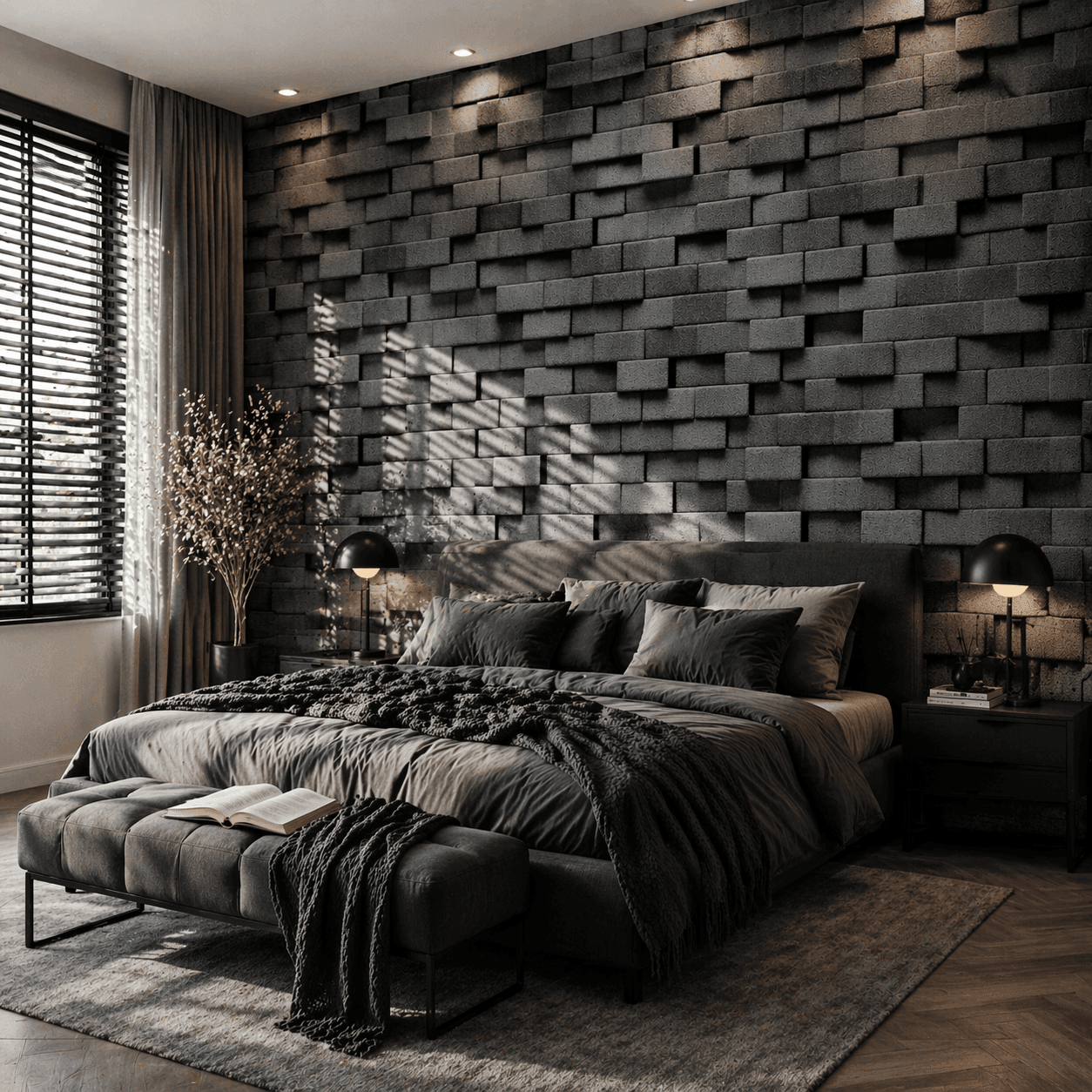 Antrasit 3D Tuğla Desenli Duvar Kağıdı - Görsel 3