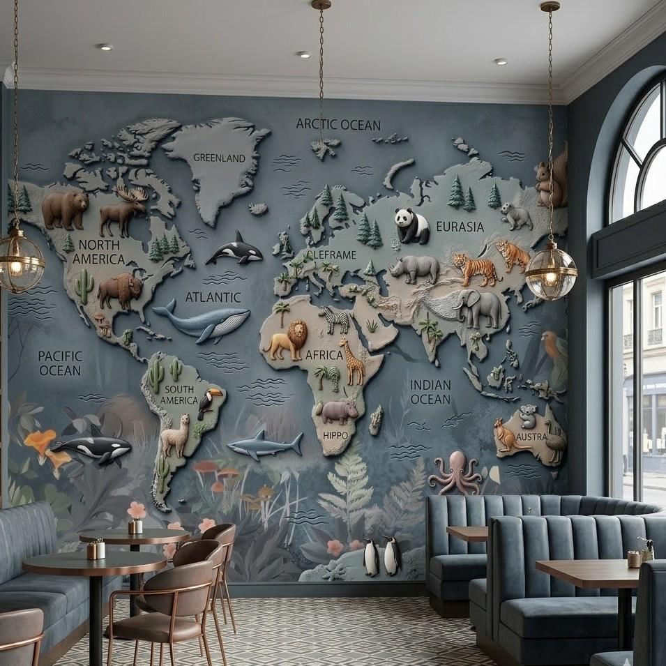 5D Kabartma Görünümlü Macera Dolu Dünya Haritası Çocuk Duvar Kağıdı
