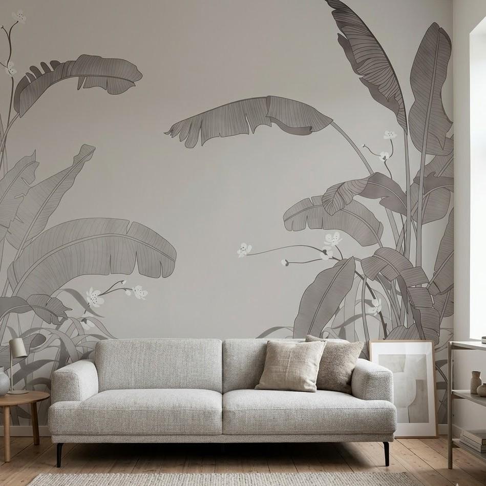 Gri Tropikal Yapraklı Duvar Kağıdı