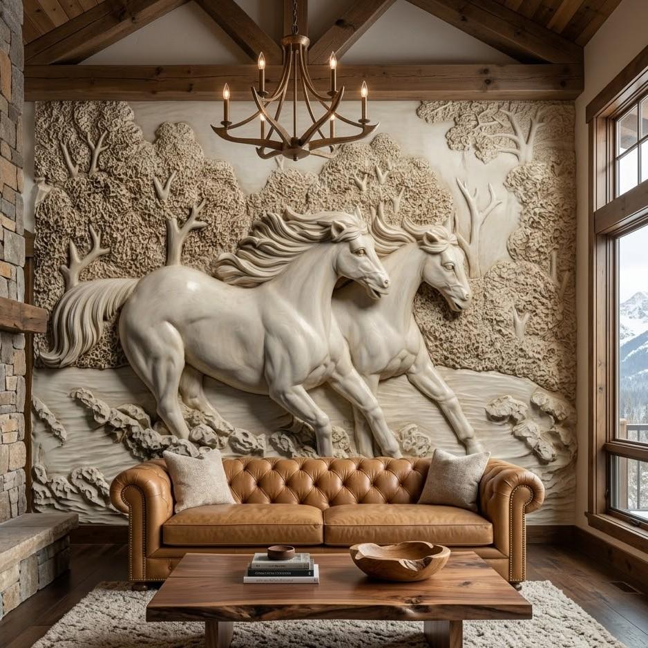 Asil Atlar Rölyef Desenli 5D Kabartma Görünümlü Duvar Kağıdı