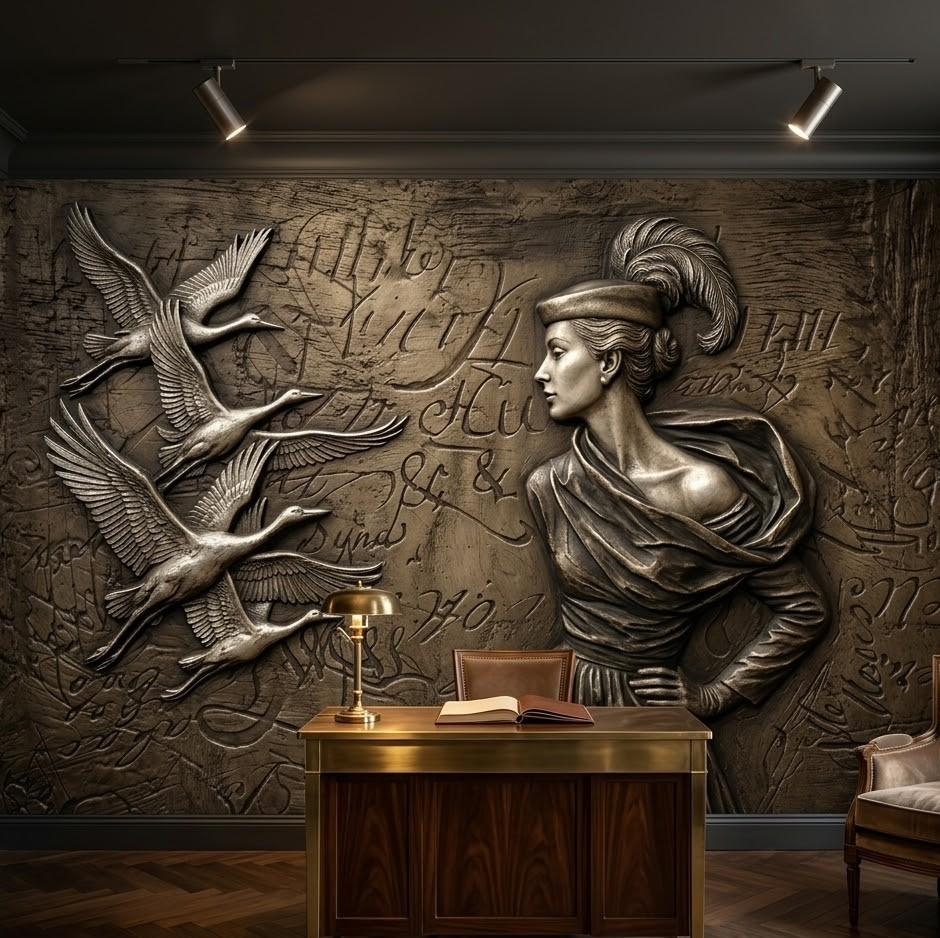 Klasik Rölyef Sanatı Kadın ve Kuşlar 5D Kabartma Görünümlü Duvar Kağıdı