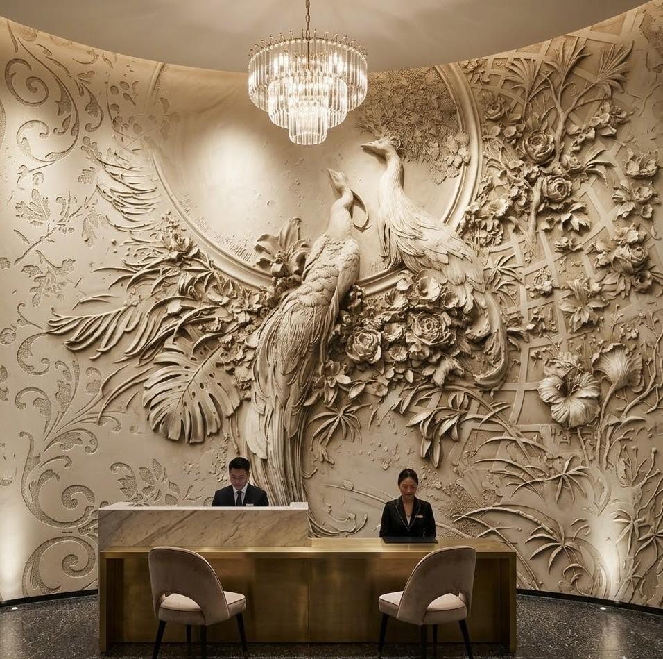 Zarif Tavus Kuşları ve Tropikal Cennet 5D Kabartma Görünümlü Duvar Kağıdı