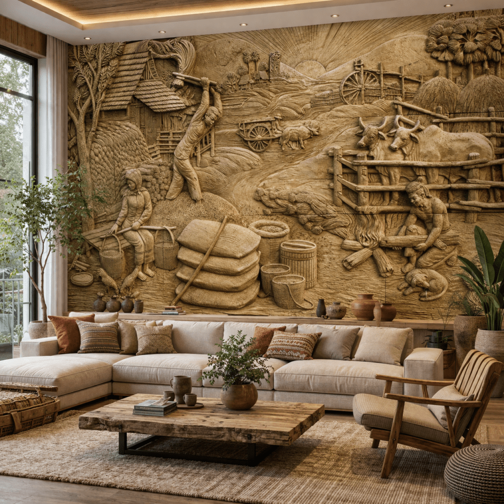 Kırsal Yaşam Sahnesi 5D Kabartma Görünümlü duvar kağıdı