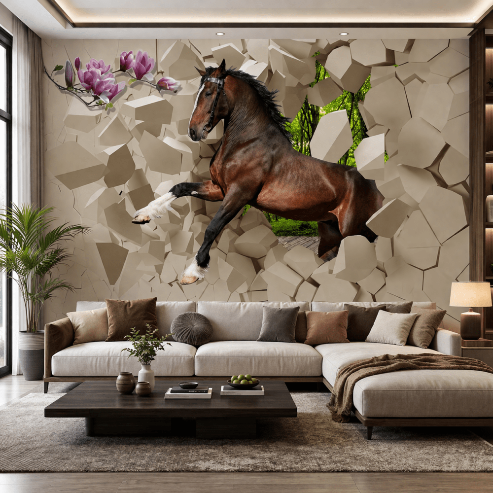 3D Kırık Duvar At Desenli Duvar Kağıdı