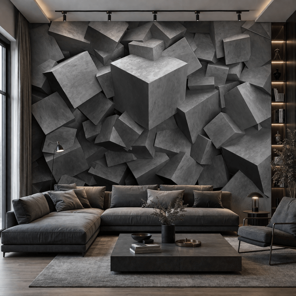 Endüstriyel Küp Desenli 5D Kabartma Görünümlü duvar kağıdı