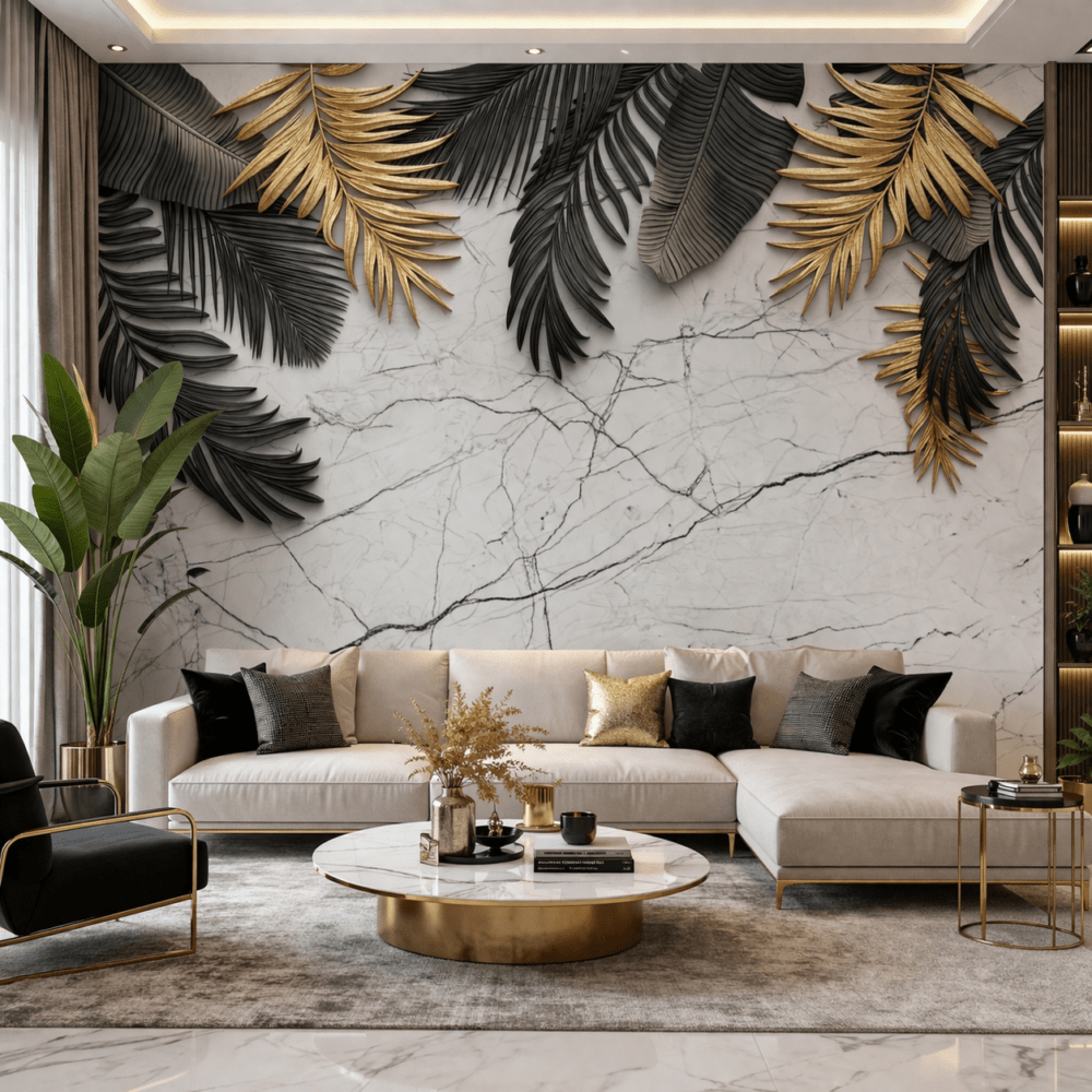 Altın Siyah Tropikal Yaprak 5D Kabartma Görünümlü duvar kağıdı