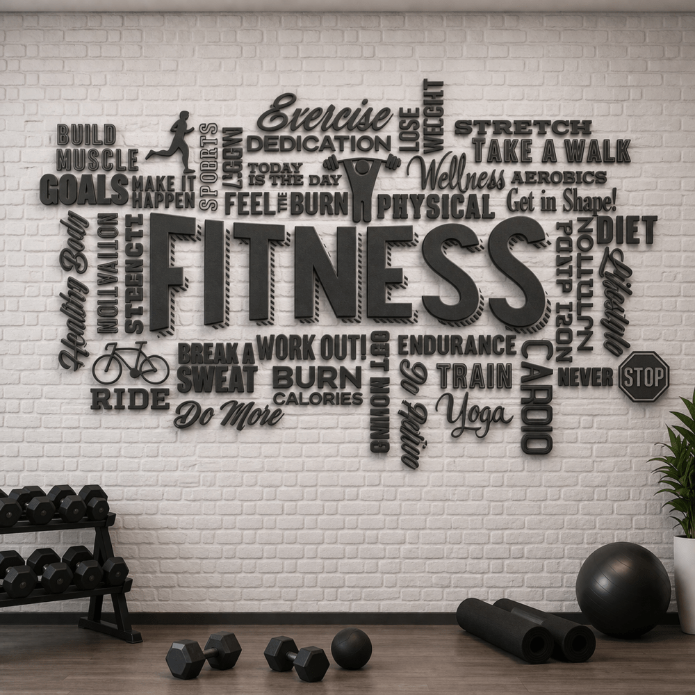 Fitness Tipografi 5D Kabartma Görünümlü Duvar Kağıdı