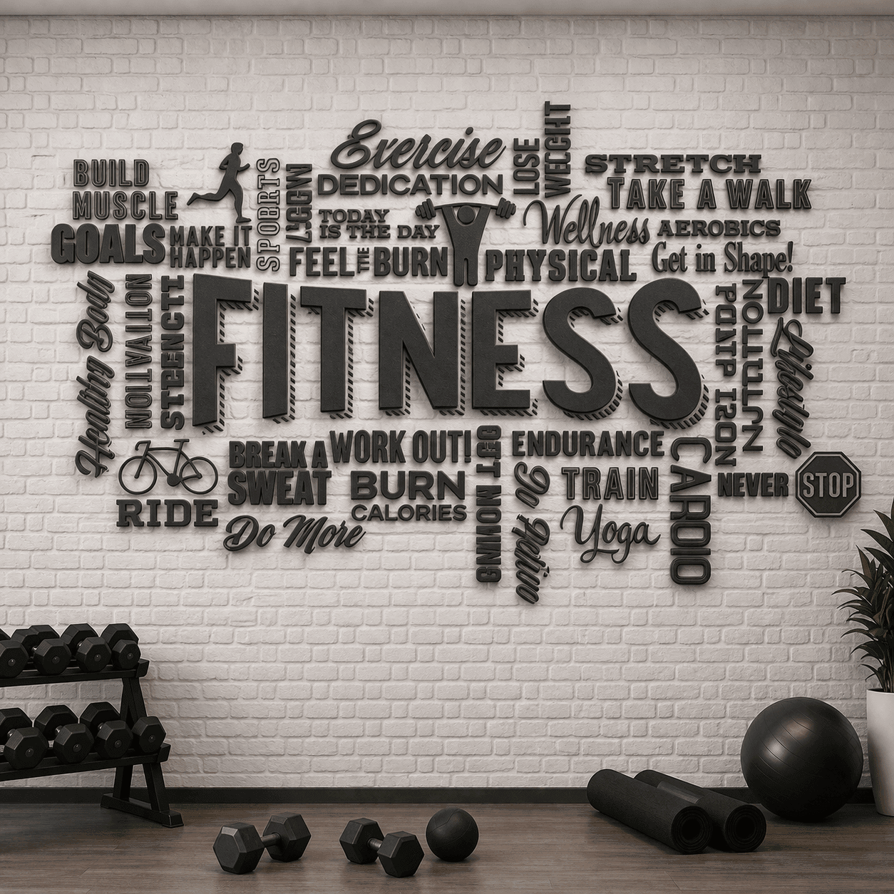 Fitness Tipografi 5D Kabartma Görünümlü Duvar Kağıdı
